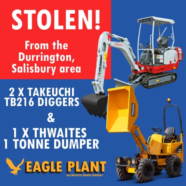 **STOLEN**Three Eagle Plant machines have been stolen from the Durrington, Salisbury area. Including 2 x Takeuchi TB216 Excavators1 x Thwaites 1 Tonne DumperContact us if you spot themwww.eagleplant.co.uk/contact-us